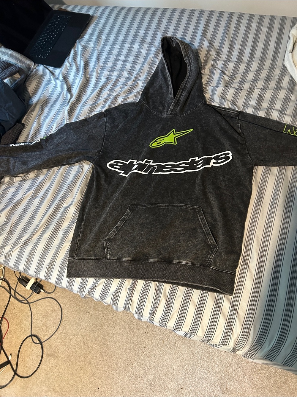Alpinestars Black Acid-Wash Hoodie with Neon Green Logo